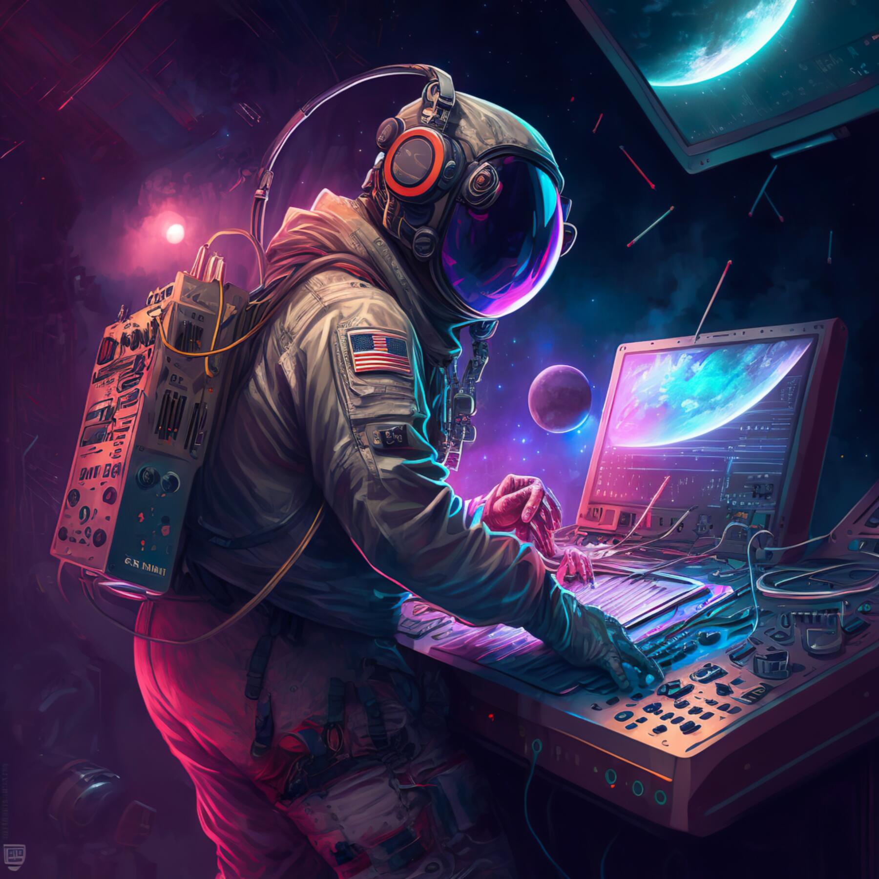 Cyberpunk Astronaut DJing in a Spaceship Alien. Generative AI