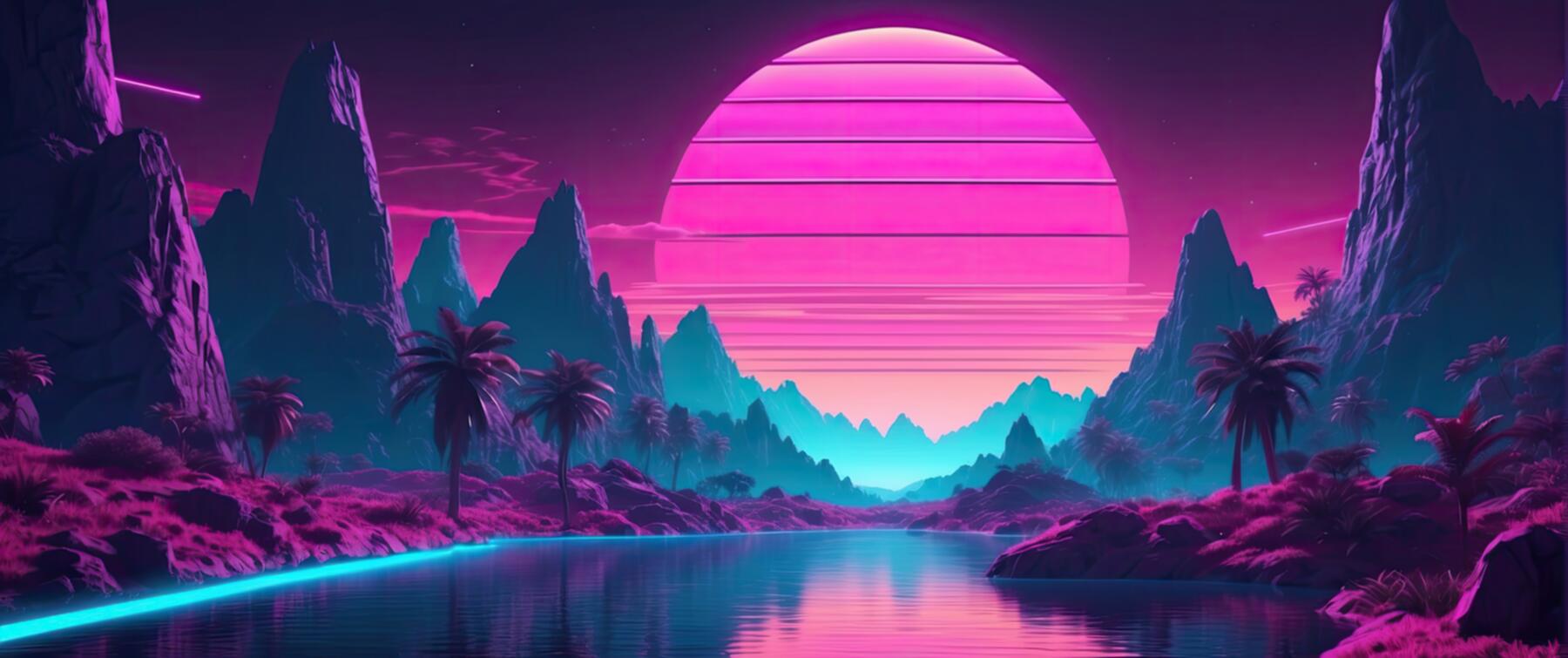 Retro 1980s-style background with palm trees, sun, and mountains.Futuristic Landscape